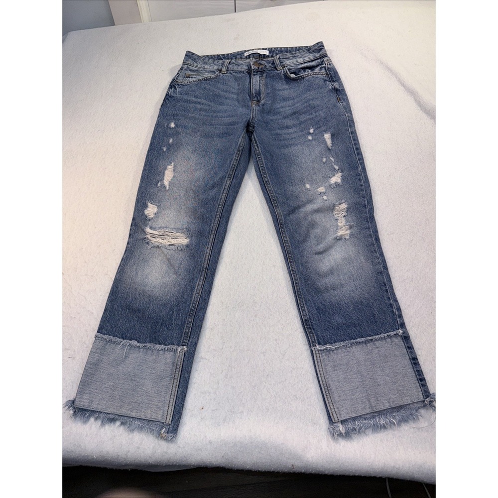 Zara Womans Basic Z1975 Denim Distressed ‎ Y2K Raw Hem Straight Jeans Size US 4
